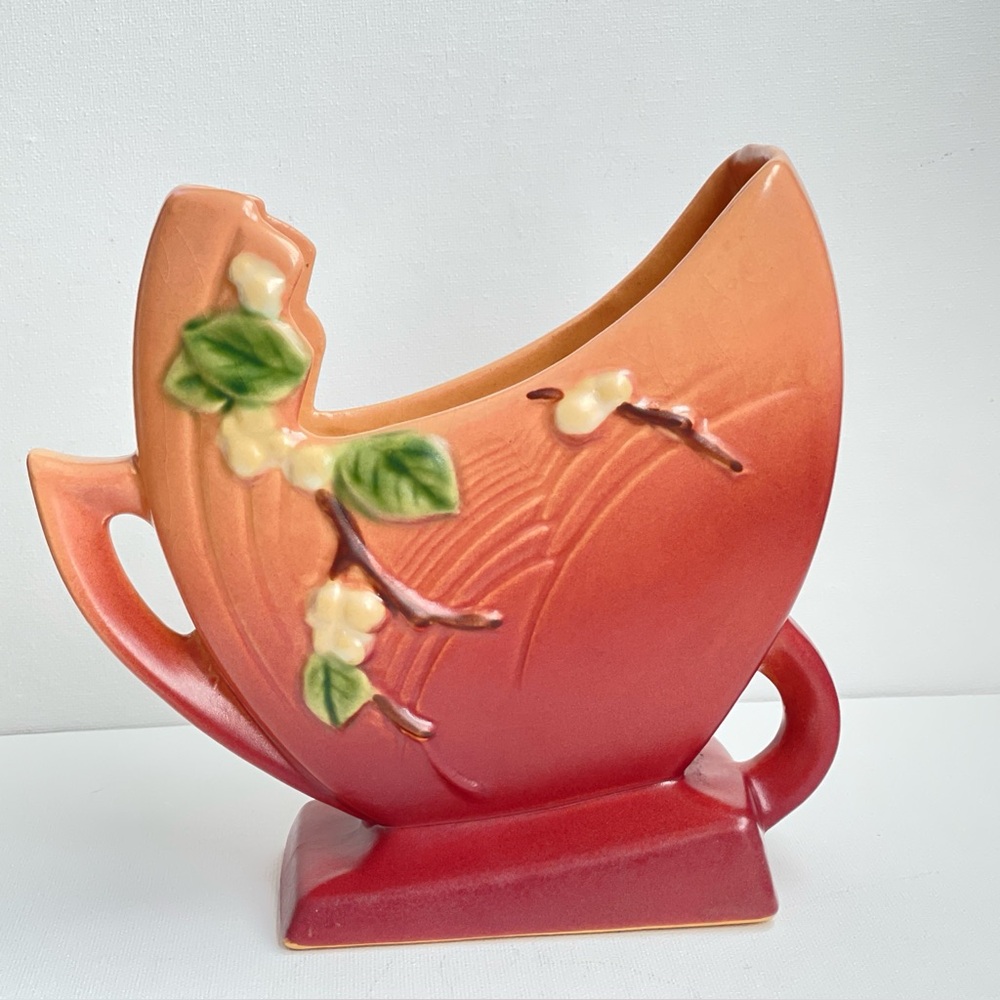 Roseville Snowberry Fan Vase Pink Burgundy Art Pottery Mid Century - Picture 3 of 16